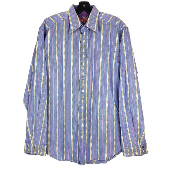 ROBERT GRAHAM Shirt Mens Large Blue Striped Floral Lined Casual Button Up Preppy - Picture 1 of 10
